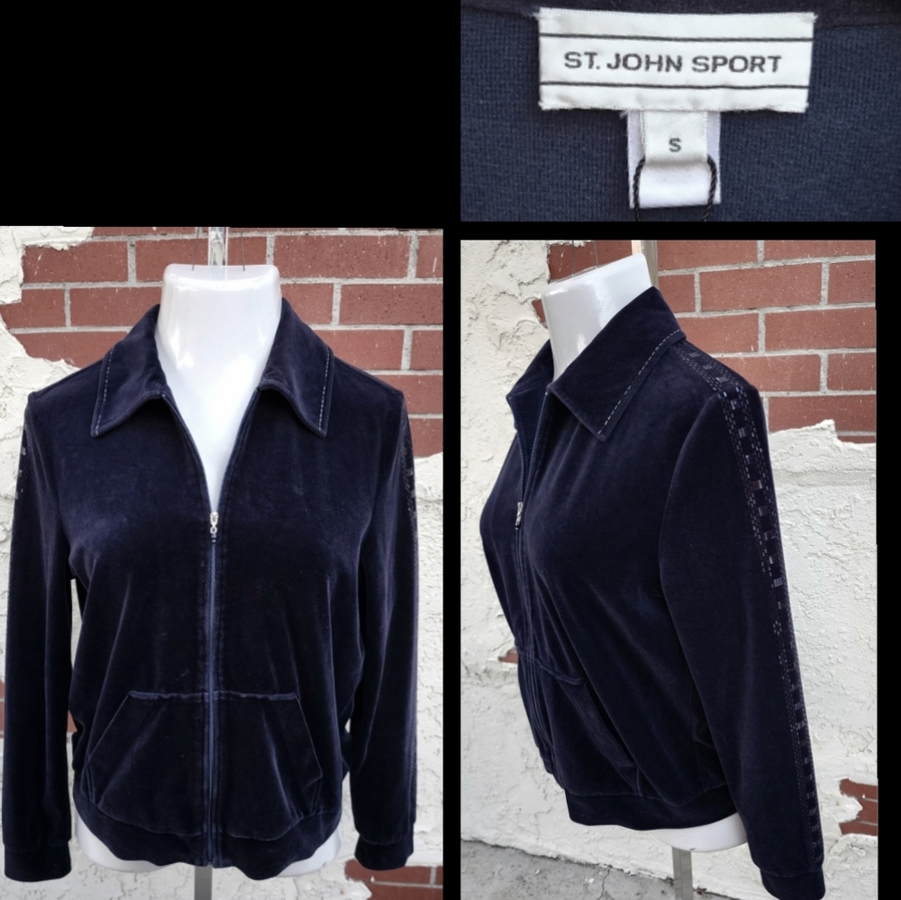 SMALL women ST JOHN sport velour black zip jacket EMBELLISHED